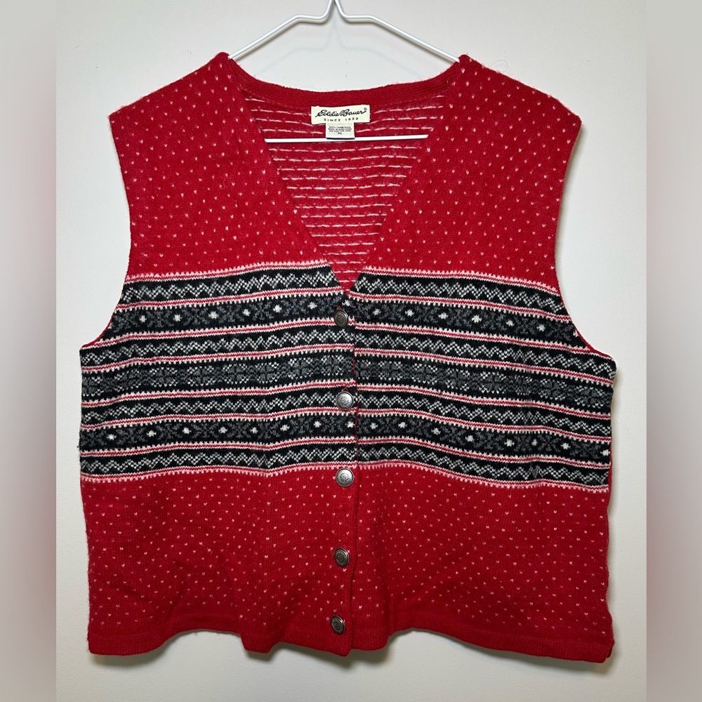 Vintage Eddie Bauer 100% wool vest Christmas sweater holiday red grey‎ nordic XL